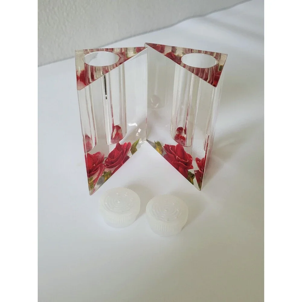 Vintage Clear Lucite Salt and Pepper Shakers Reverse Carved Red Roses Bircraft